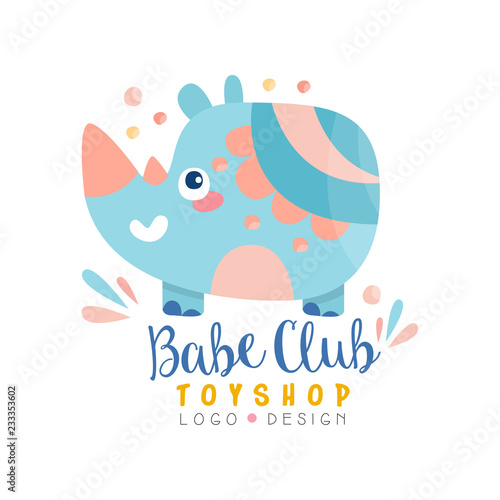 Babe club toyshop logo design, badge with cute rhino can be used for baby store, kids market vector Illustration on a white background