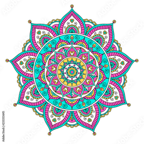 Vector hand drawn doodle mandala with hearts. Ethnic mandala with colorful ornament. Isolated. Tribal ornament.  Bright colors mandala.