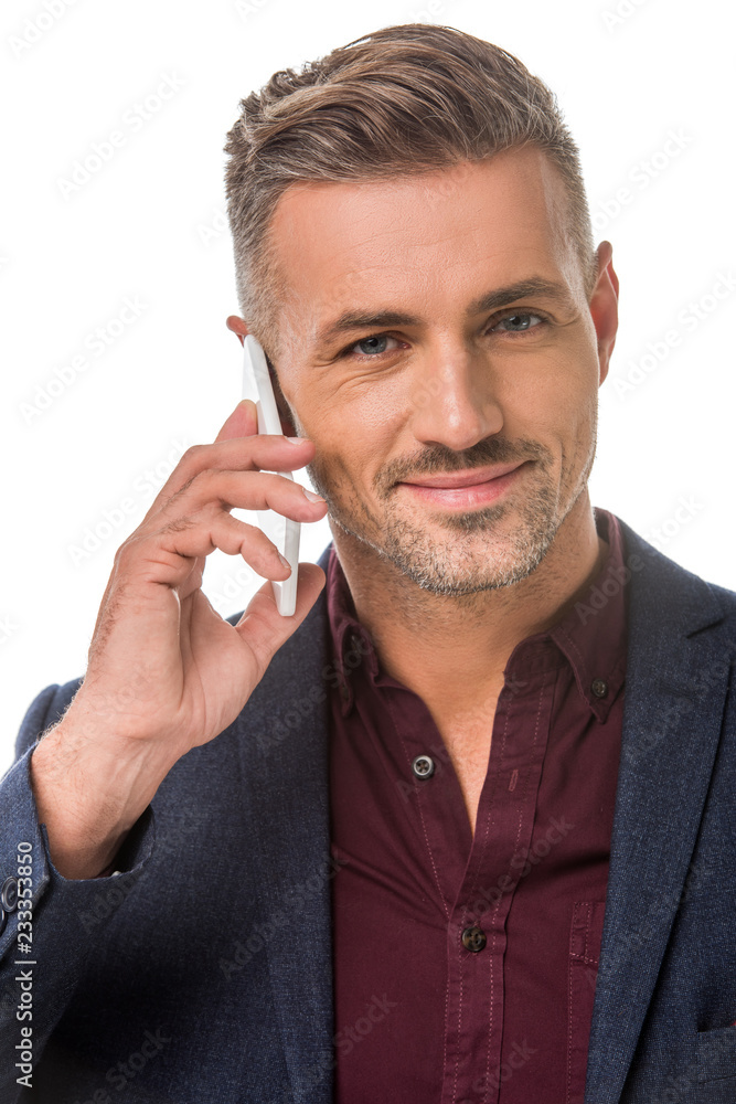 portrait of happy stylish man talking on smartphone isolated on white portrait of happy stylish man talking on smartphone isolated on white
