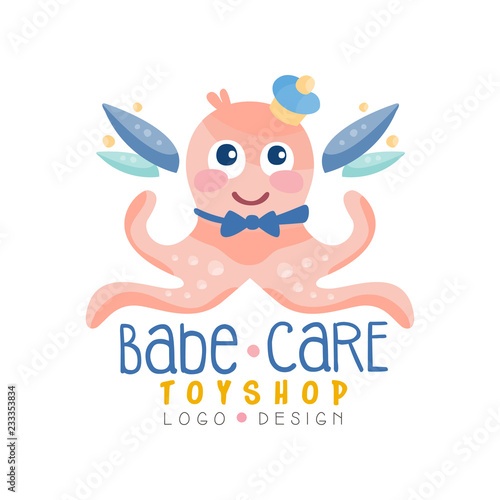 Babe care toyshop logo design, badge with cute octopus can be used for baby store, kids market vector Illustration on a white background