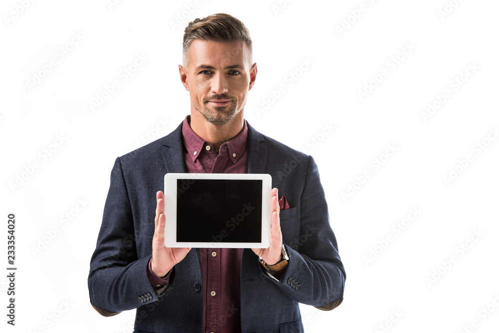 handsome stylish man in jacket showing digital tablet with blank screen isolated on white handsome stylish man in jacket showing digital tablet with blank screen isolated on white