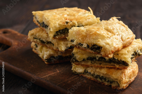 Homemade savory pie  with spinach and feta cheese.