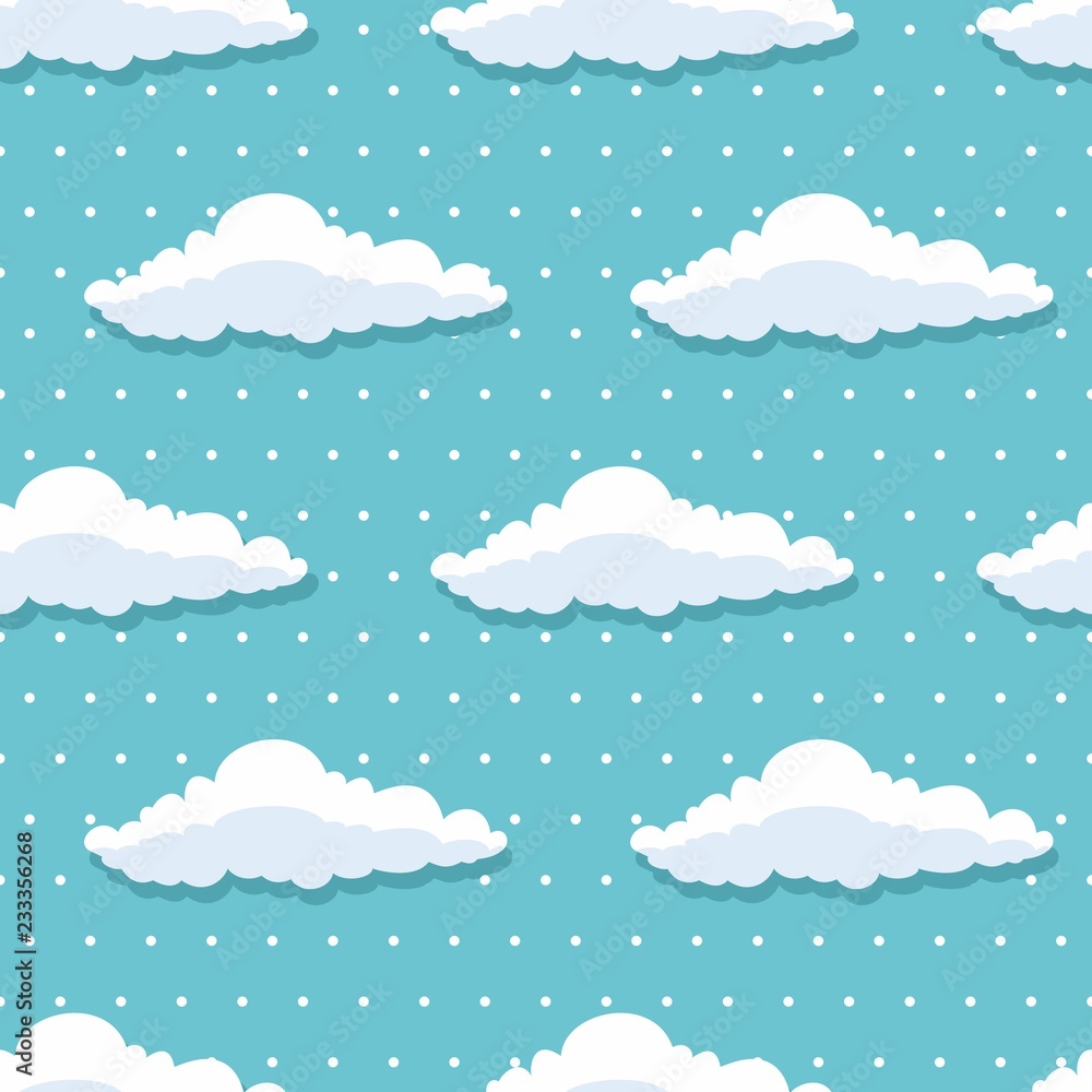 Sky seamless pattern with white clouds on the polka background