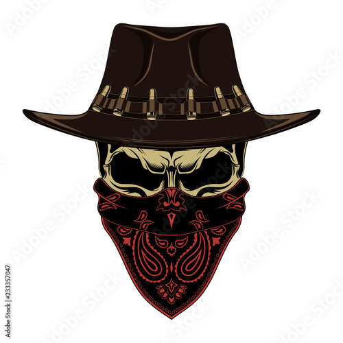 Color vector image of a skull in a cowboy hat and a bandana.
