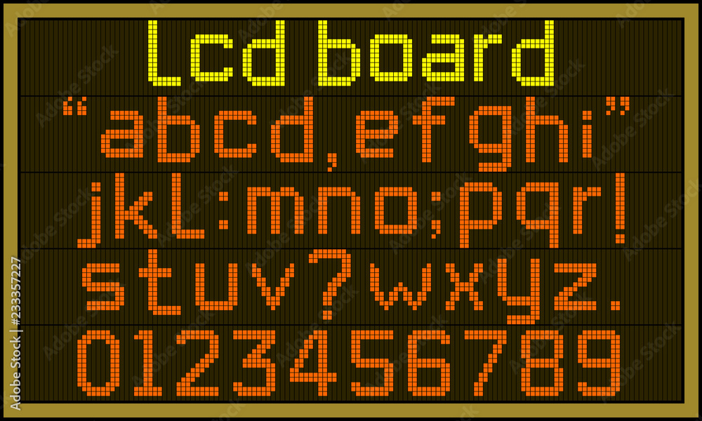 LCD board font - Retro LCD panel board with lower case alphabets, numerals and punctuation characters in square pixel font.