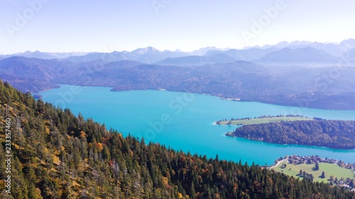 Drone photo of alpine landscape in Bavaria. Peak Herzogstand, lakes Walchensee and Kochelsee.