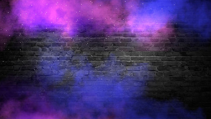 Acrylglasbilder Graffiti Empty background of old brick wall, black color, multi-colored smoke, neon light  © MiaStendal