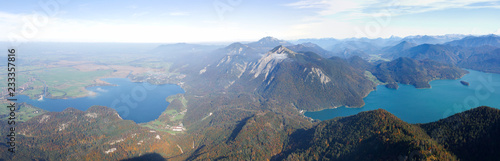 Drone photo of alpine landscape in Bavaria. Peak Herzogstand, lakes Walchensee and Kochelsee.