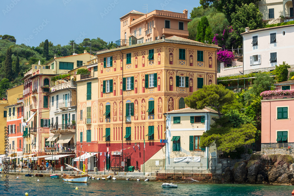 Buildings overlooking the beautiful harbour at Portofino on the  Ligurian coast, Italy