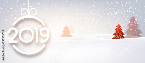 Red 2019 New Year background with Christmas ball and winter landscape.