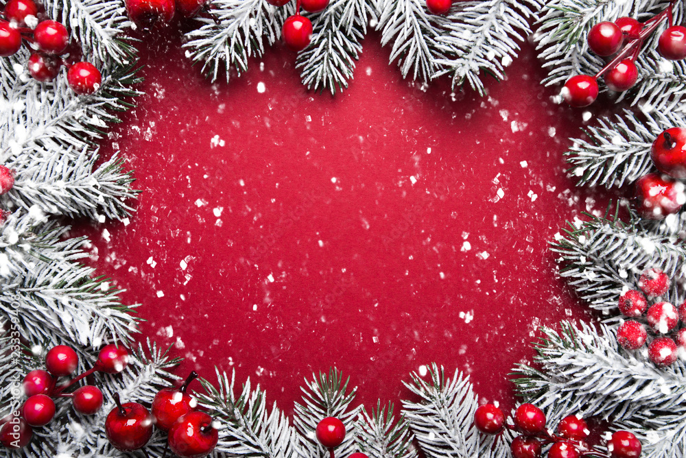Fototapeta premium Red Merry Christmas and Happy Holidays greeting card, frame, banner. New Year. Winter holidays.
