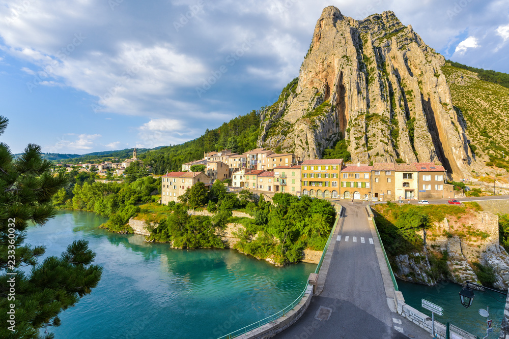 Sisteron and its rock, Provence, France, riverside of durance with houses