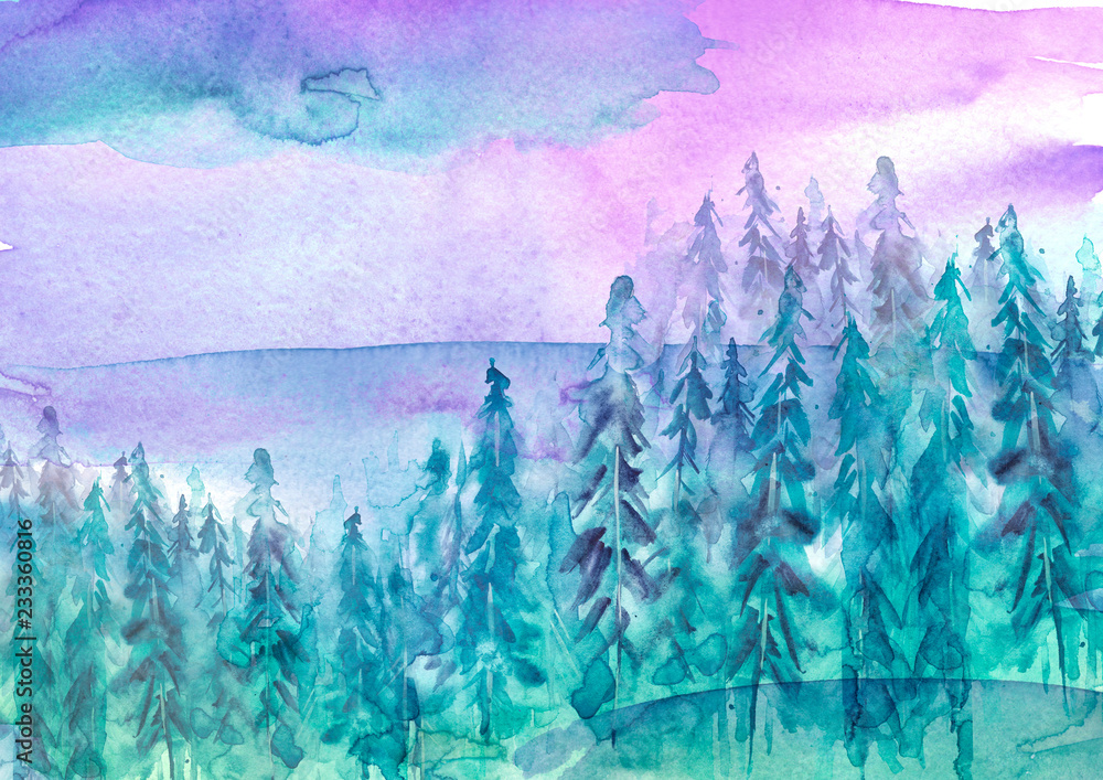 Fototapeta Ilustracja akwarela zima. Rysunek niebieskiego lasu, sosny, świerka, cedru. Ciemny, gęsty las, krajobraz podmiejski. Pocztówka, logo, karta. Mglisty las, mgła. Z miejscem na tekst