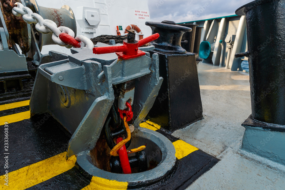 anchor equipment of ship. Mooring bollards, anchor chain and stoppers.