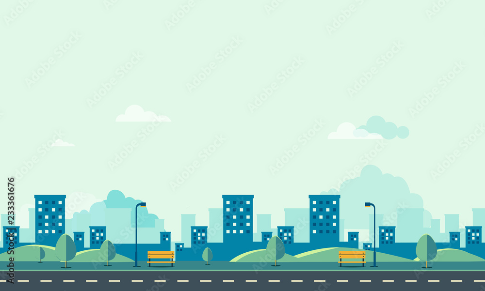 Public park with cityscape and sky background vector illustration.Beautiful nature scene design.Spring landscape with main street.Road with park and bench. Public park with cityscape and sky background vector illustration.Beautiful nature scene design.Spring landscape with main street.Road with park and bench.