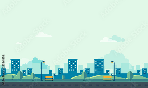 Public park with cityscape and sky background vector illustration.Beautiful nature scene design.Spring landscape with main street.Road with park and bench.