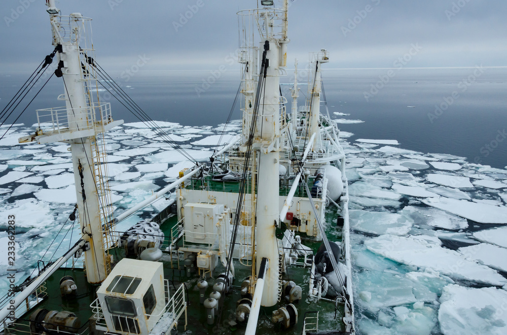 Ship in the ice in the Sea of Okhotsk, Pacific ocean
