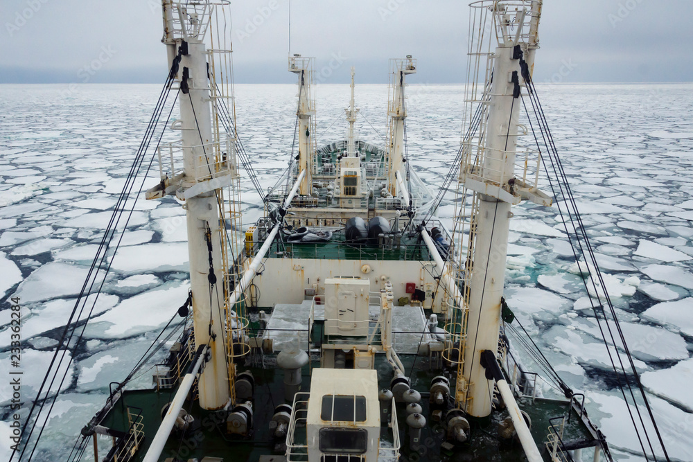 Ship in the ice in the Sea of Okhotsk, Pacific ocean