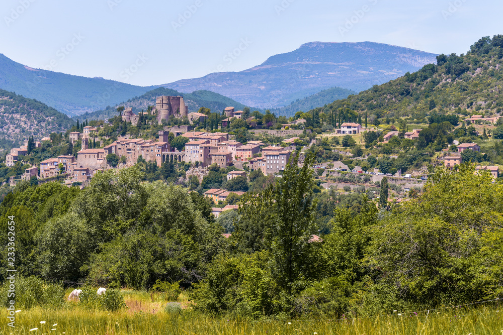 landscape panorama with village Montbrun-les-Bains, Provence, France, background with mountains