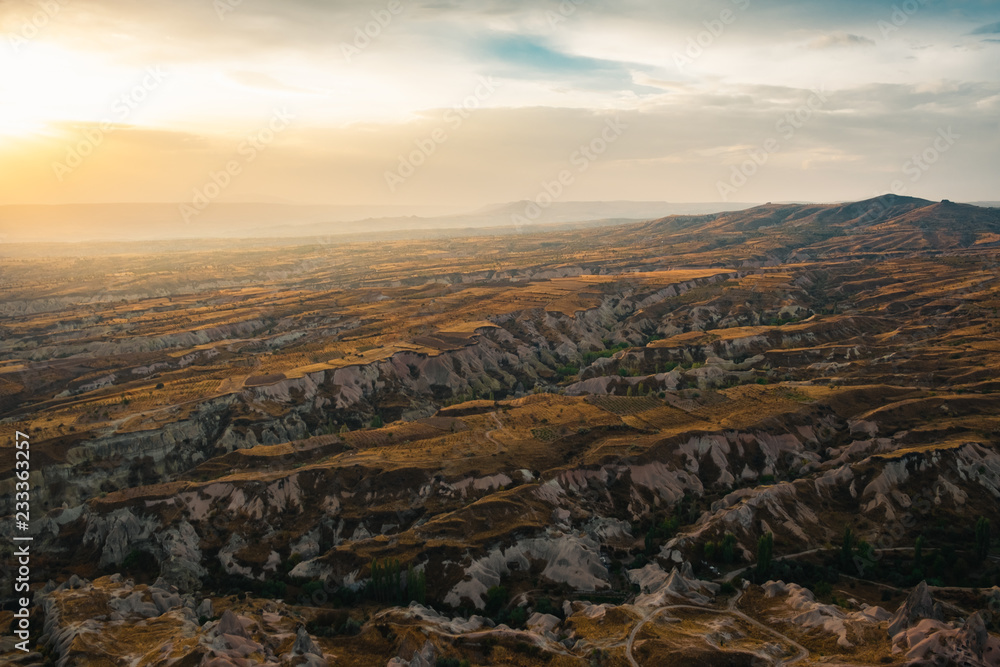 Beautiful landscape aerial view of Goreme, Cappadocia, turkey, rock mountain in morning