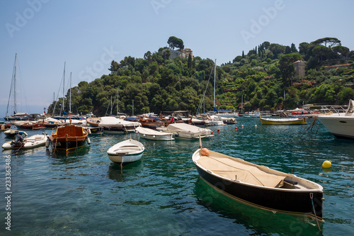 View of boats in the beautiful harbour at Portofino, Italy
