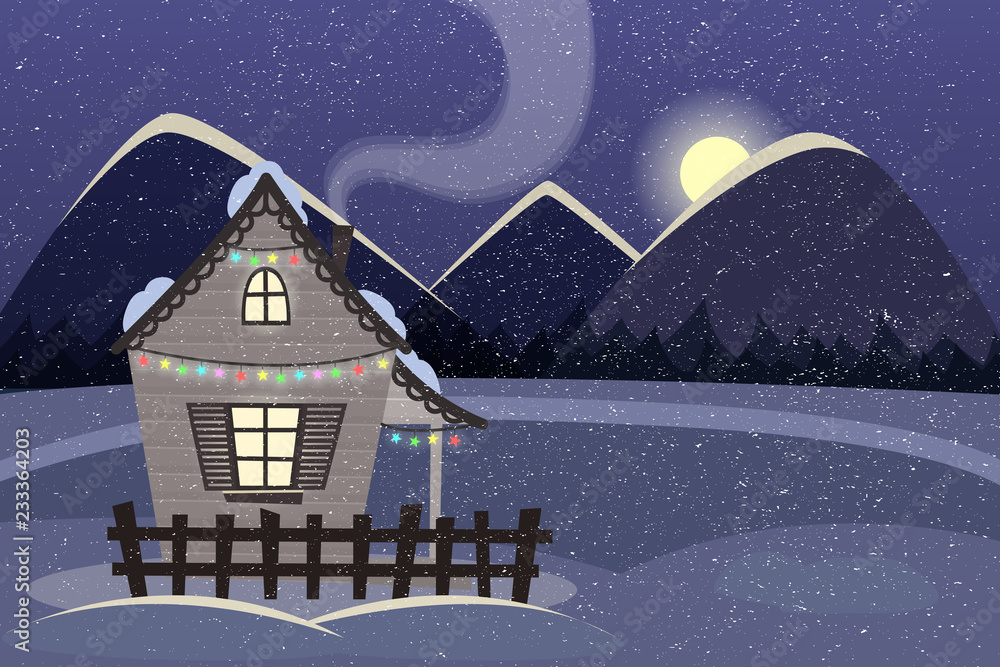 Winter night landscape vector illustration. Small house decorated by christmas lights. Mountain and frozen lake background. The fallen snow texture.