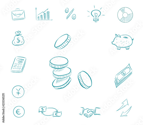 Coins icon finance set. Business icons with money exchange, piggy bank, calculator, charts, businessman handshake, idea bulb, arrows