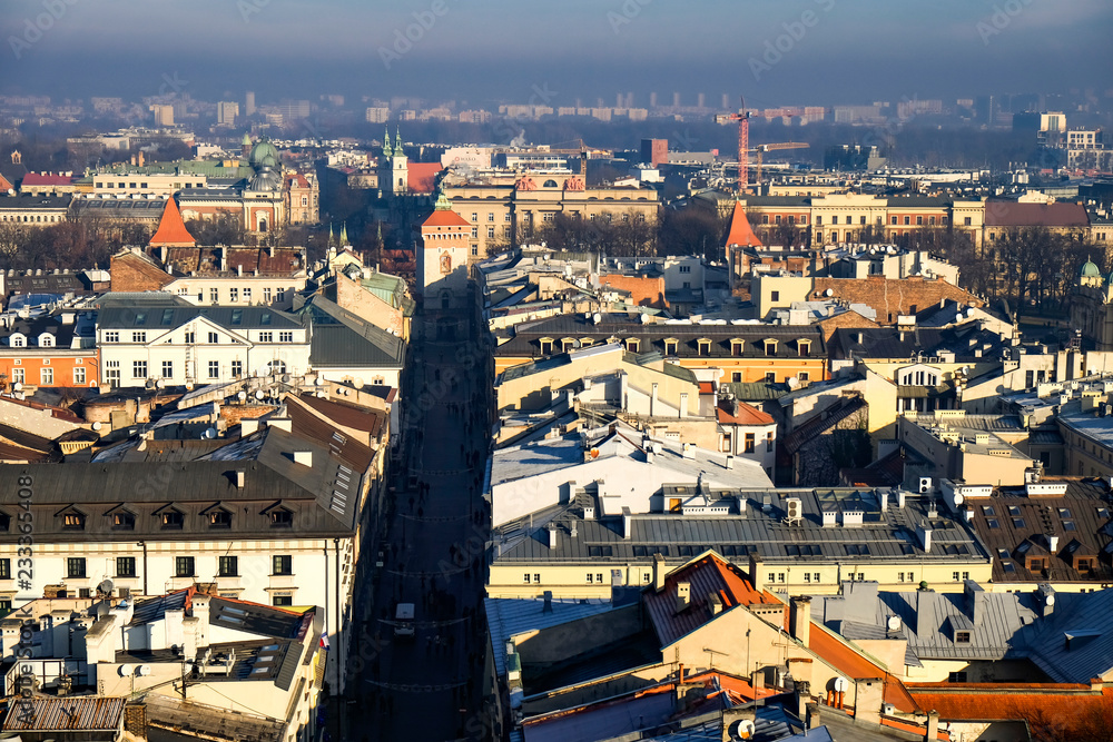Aerial view from the tower of the church of St. Mary on the Krakow's Old Town, Poland. 10-12-2015