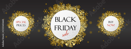 Black friday offers, black friday banner with golden snowflakes on dark background 