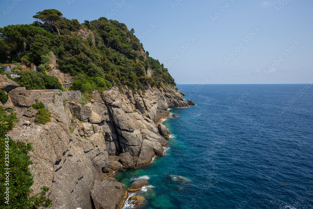 Stunning ocean and scenery of the Ligurian coastline, just outside of Portofino, Italy