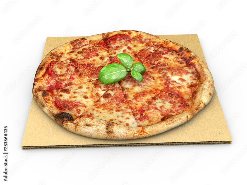 3d illustration of pizza on cardboard isolate white background