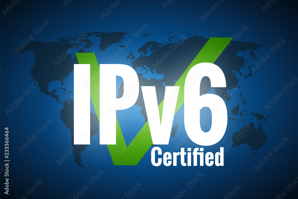 White glowing text IPv6 on world map blue background. Text certified and green check mark.