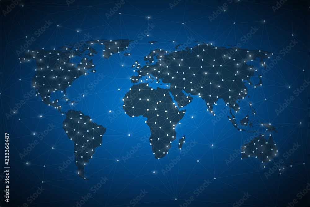 Blue abstract background with a world map silhouette and digital net concept