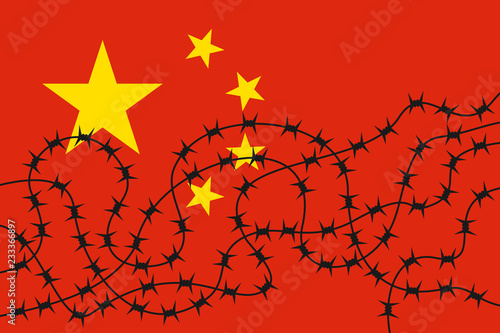 Barbed wire over China - detention, internment and imprisonment in Chinese state and country. Vector illustration