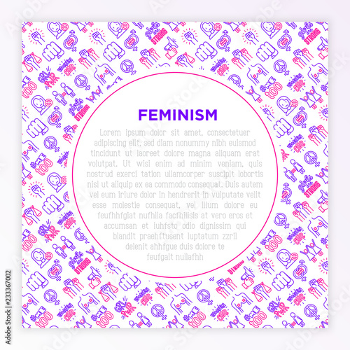 Feminism concept with thin line icons: women's rights, girl power, gender equality, sex dicrimination, me too, protest, girls are strong. Modern vector illustration, print media template.