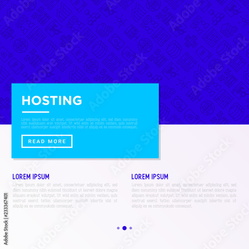 Hosting concept with thin line icons: VPS, customer support, domain name, automated backup, SSD, control panel, secure server, local network, SSL. Modern vector illustration for banner, print media.
