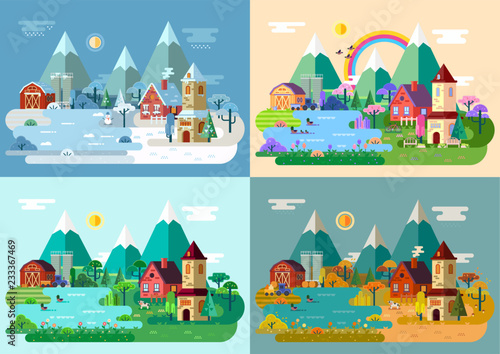 Village at summer, winter, autumn, spring.Panorama