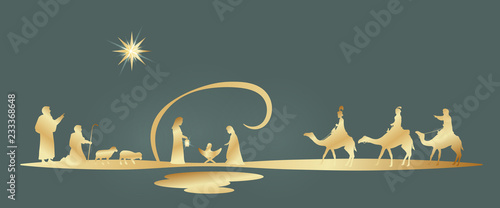 Christmas time. Nativity scene with Mary, Joseph, baby Jesus, shepherds and three kings.