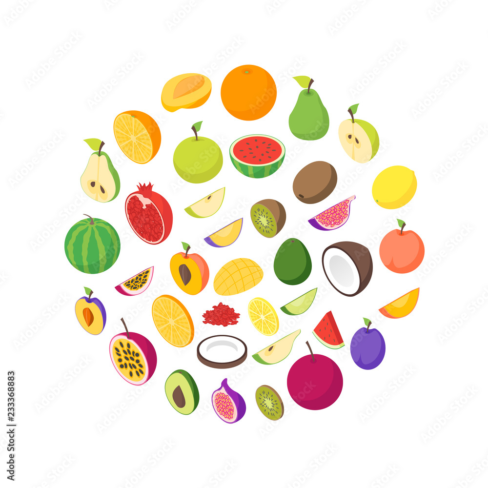 Obraz premium Fruits and Berries 3d Round Design Template Ad Isometric View. Vector