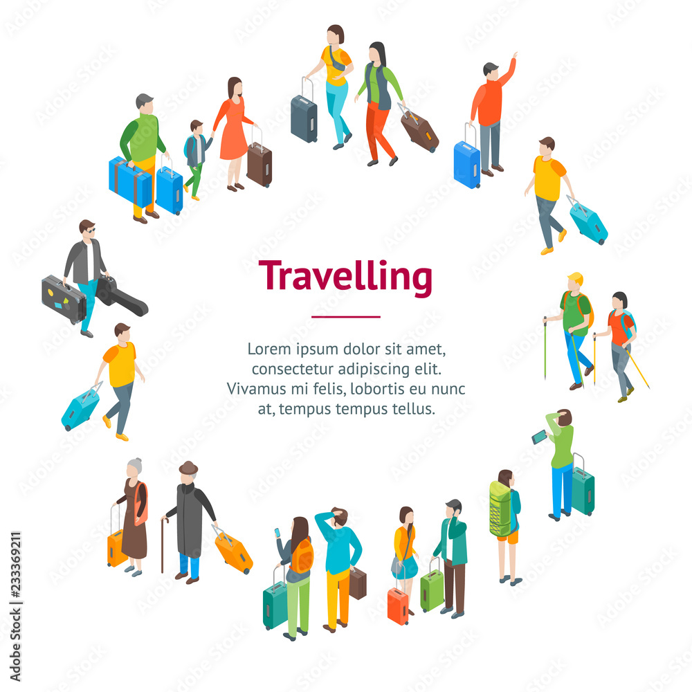 Isometric Travel People Characters Banner Card Circle. Vector