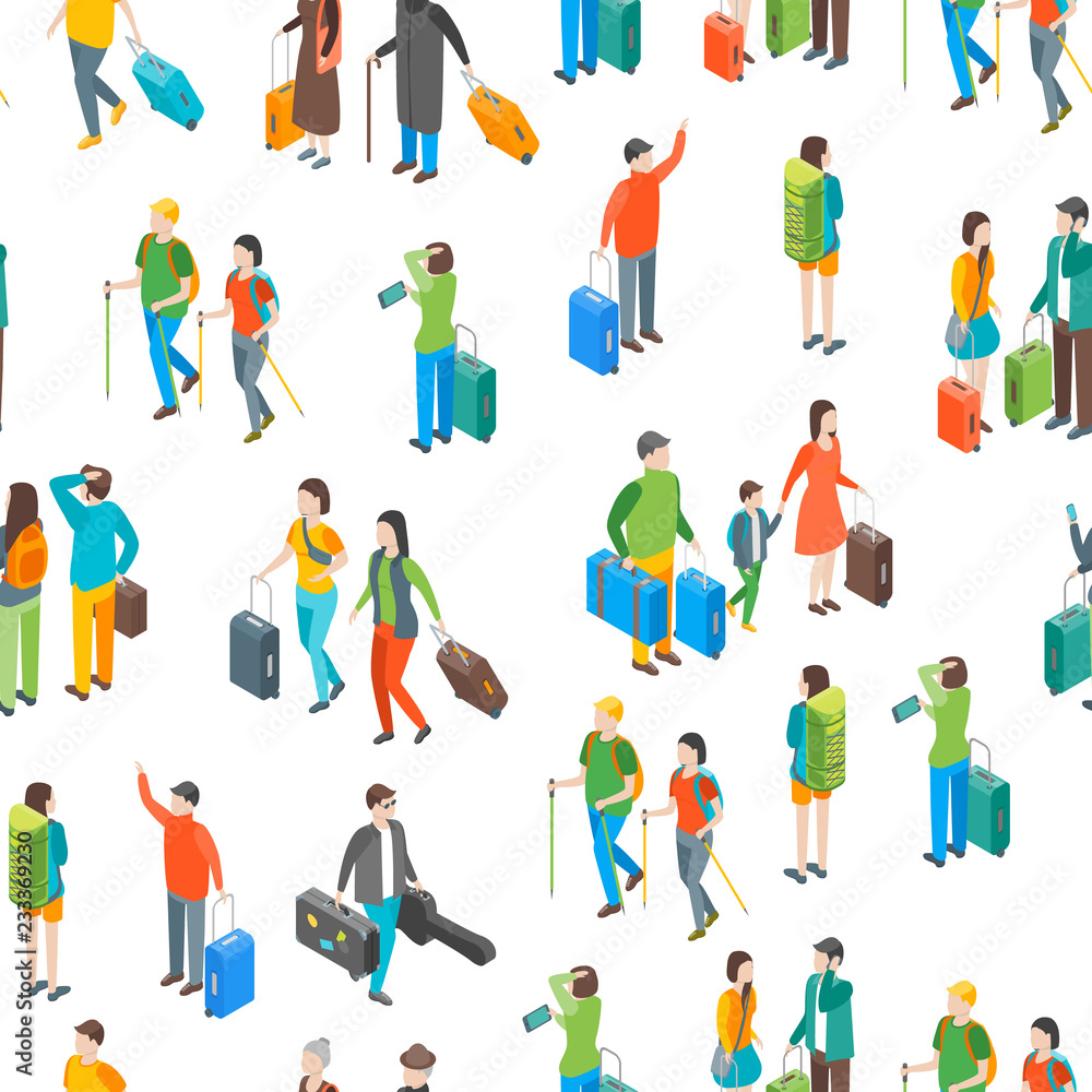 Isometric Travel People Characters Seamless Pattern Background. Vector
