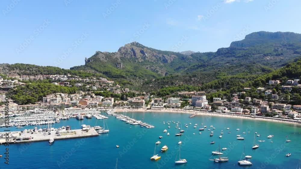 Flight over the bay of Port de Soller in Mallorca Tramuntana Mountains Flight over the bay of Port de Soller in Mallorca Tramuntana Mountains