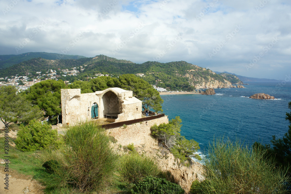 The ruins of an old church on the shores of the Mediterranean.