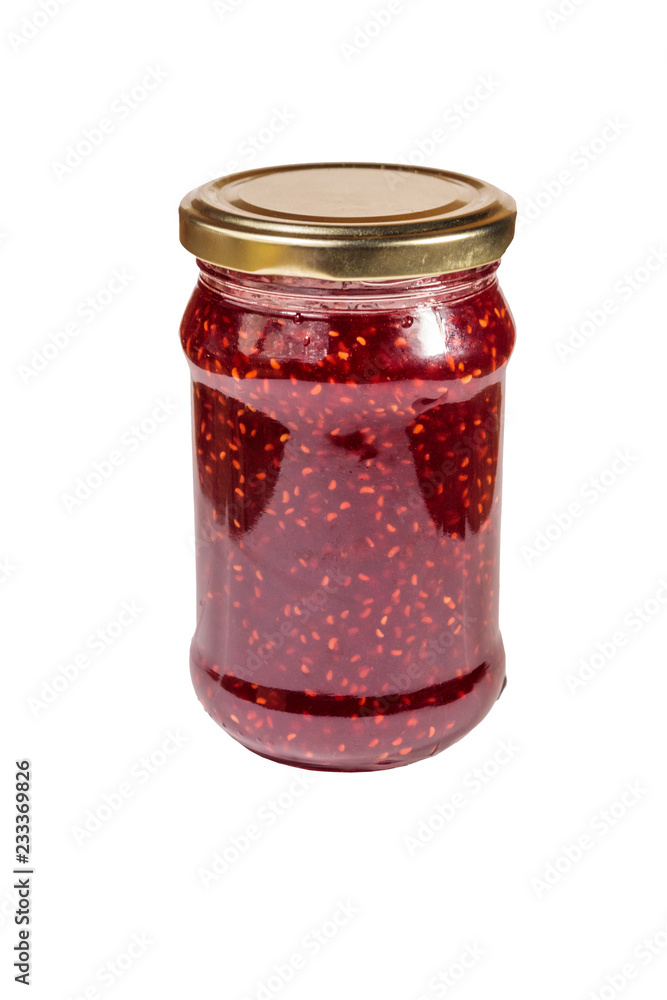 Raspberry jam in glass jar isolated on white background Raspberry jam in glass jar isolated on white background