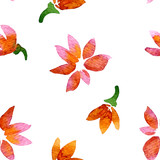 Floral seamless pattern painted with watercolor. Red flowers on white background.