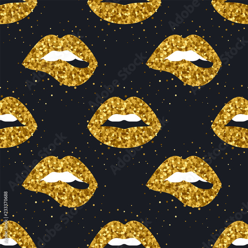 Glamour lips seamless pattern. Vector illustration of golden sexy lips with sparkles on the black background.