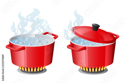 Set red pans with boiling water, opened and closed pan lid on gas stove, fire and steam, vector illustration