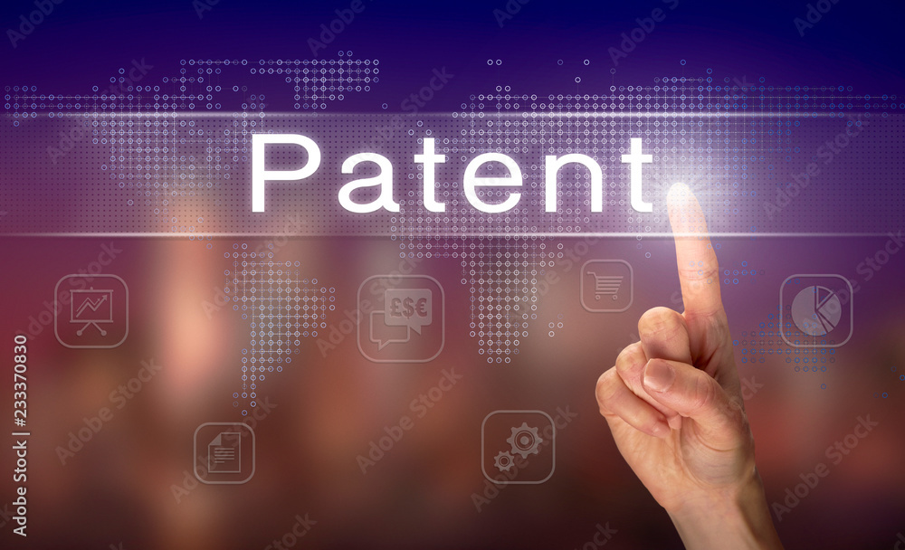 A hand selecting a Patent business concept on a clear screen with a colorful blurred background. A hand selecting a Patent business concept on a clear screen with a colorful blurred background.