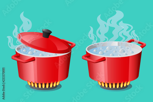 Set red pans with boiling water, opened and closed pan lid on gas stove, fire and steam, vector illustration