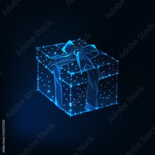 Glowing low polyg gift box with ribbon bow made of stars, lines, triangular shapes